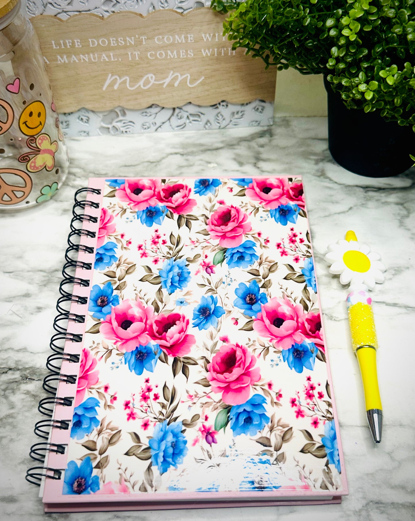 Floral Spiral Notebook, Pink & Blue Flower Journal, Affirmation Book