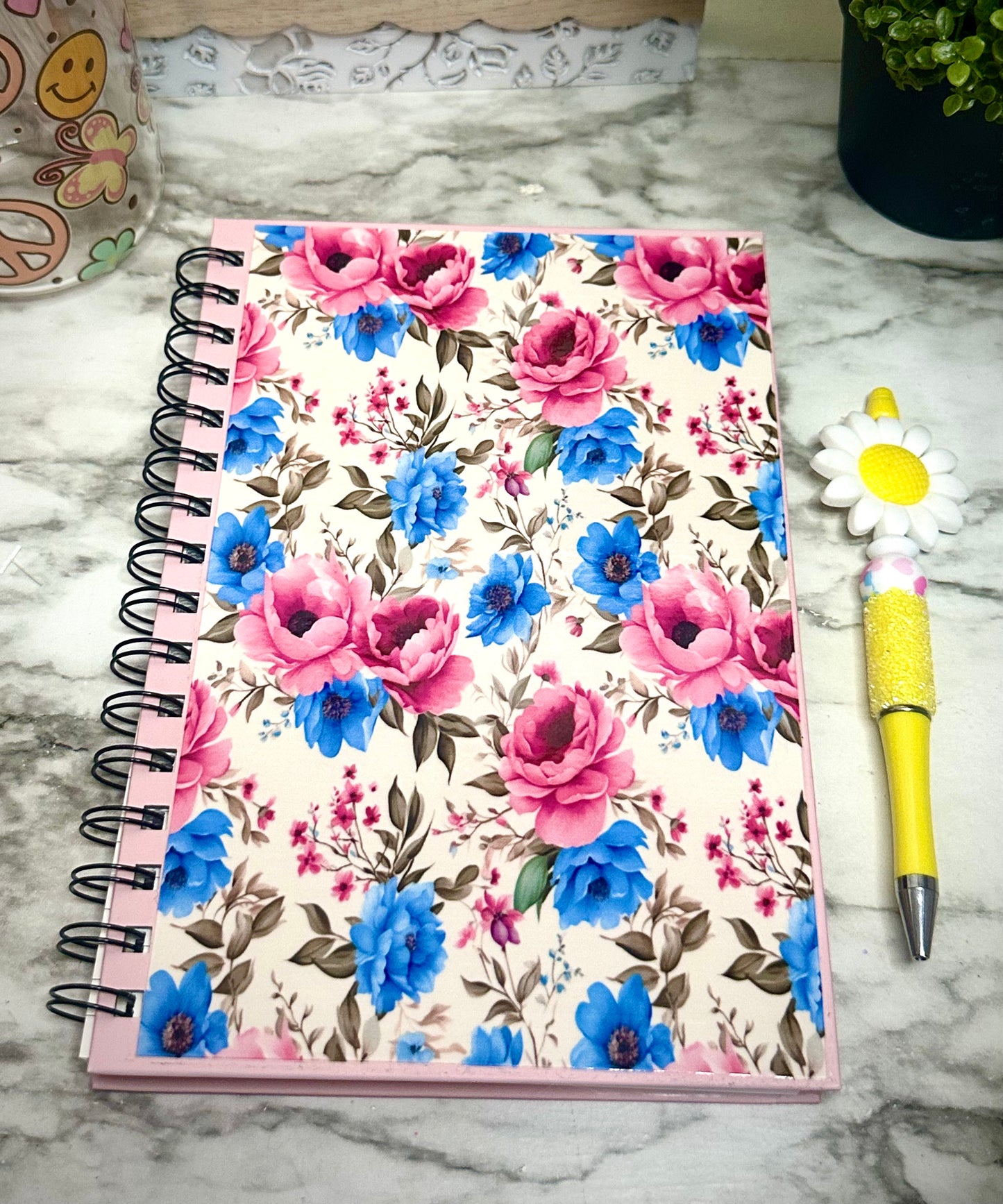 Floral Spiral Notebook, Pink & Blue Flower Journal, Affirmation Book