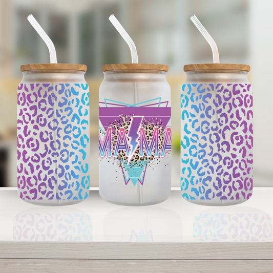 16oz Glass Cup, UV DTF Mama Lighten Bolt Cheetah Print Design