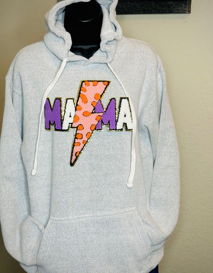 Mama Thunderbolt Chenille Patch Hoodie, Oversized Hoodie Drawstring Mama Comfy Pullover