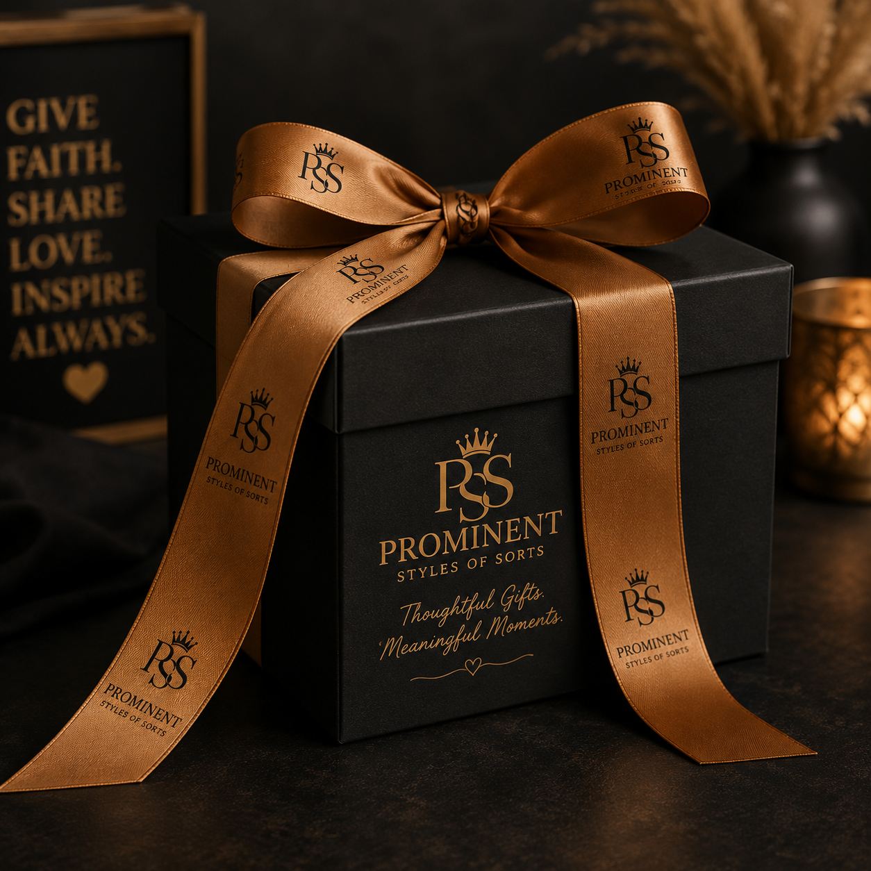 A black gift box tied with a wide metallic bronze ribbon printed with the brand name 'Prominent Styles of Sorts' and a crown logo, set on a dark tabletop with warm decorative background elements.