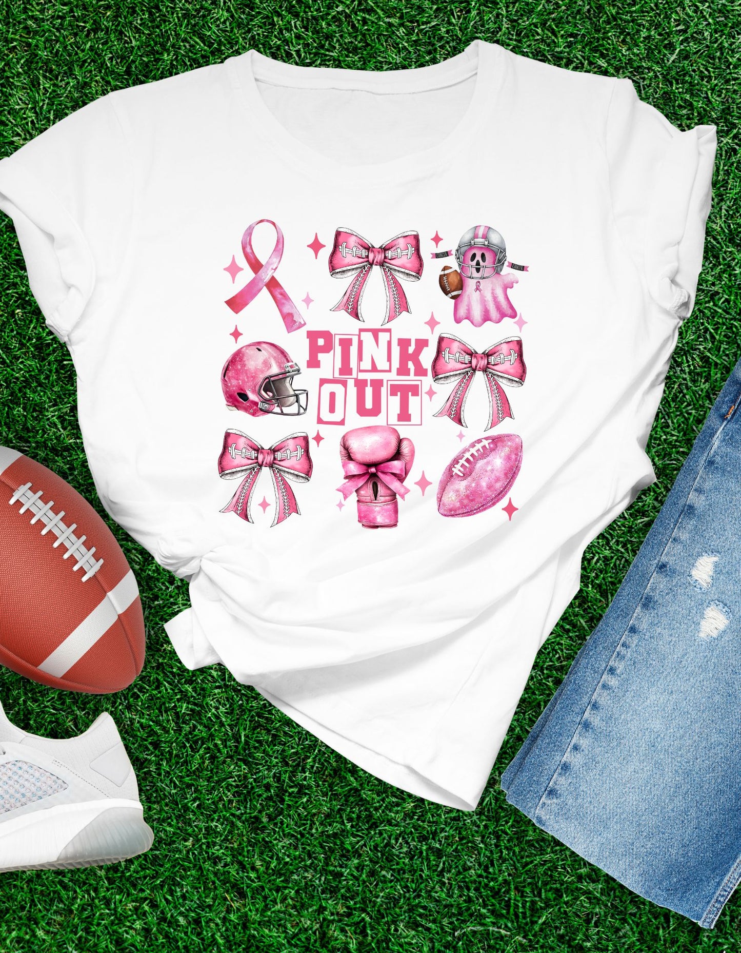 Pink Out Football Apparel, Pink Coquette Ribbon Football Tee, Touchdown Pink T-shirt