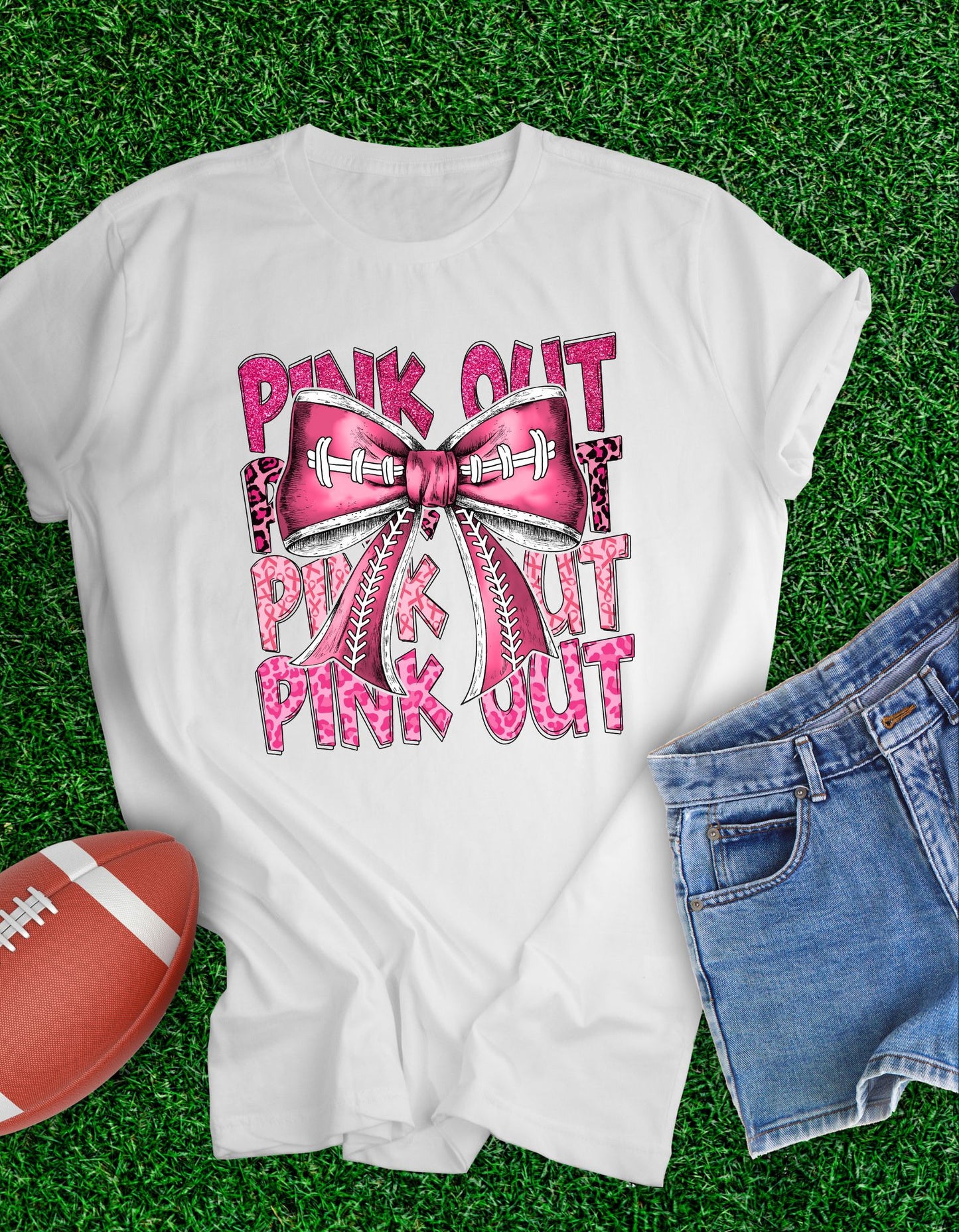 Pink Out Football Apparel, Pink Coquette Ribbon Football Tee, Touchdown Pink T-shirt