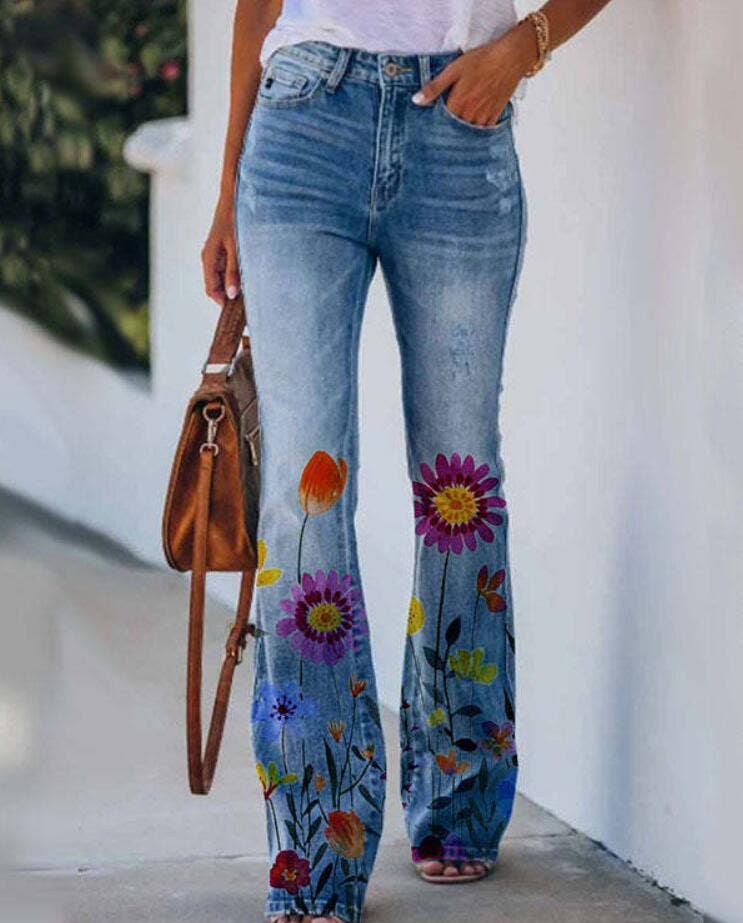 faux denim purple wildflower floral printed faux blue jeans