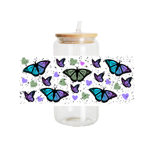 16oz Libby Glass, Cup Wrap, Multi-Color Butterflies Wrap