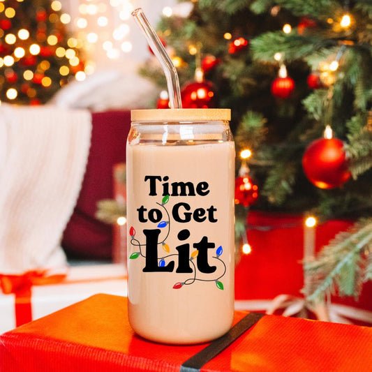 Time to Get Lit Christmas Lights 16oz Glass Clear Can - Prominent Styles of Sorts- PSS!