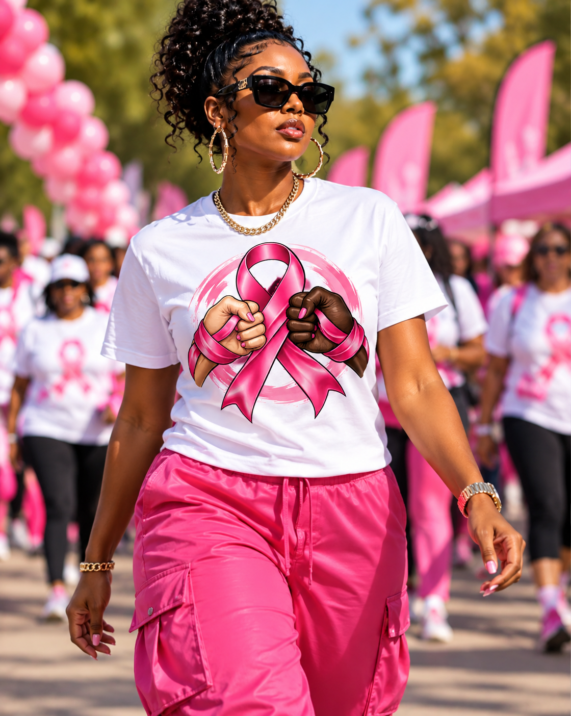 Woman wearing Together We Fight breast cancer awareness T-shirt at a breast cancer walk