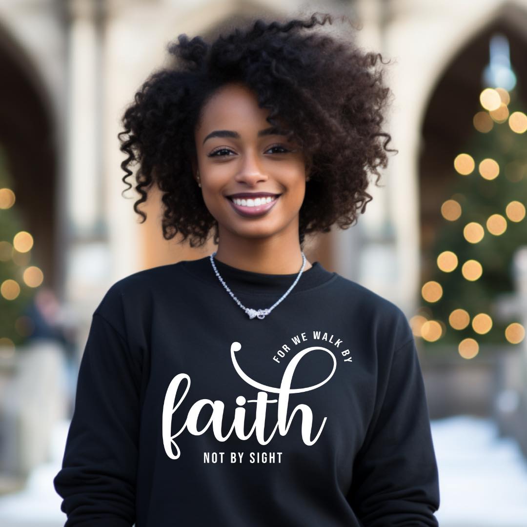 For We Walk By Faith Unisex Black Crewneck Sweatershirt - Prominent Styles of Sorts- PSS!