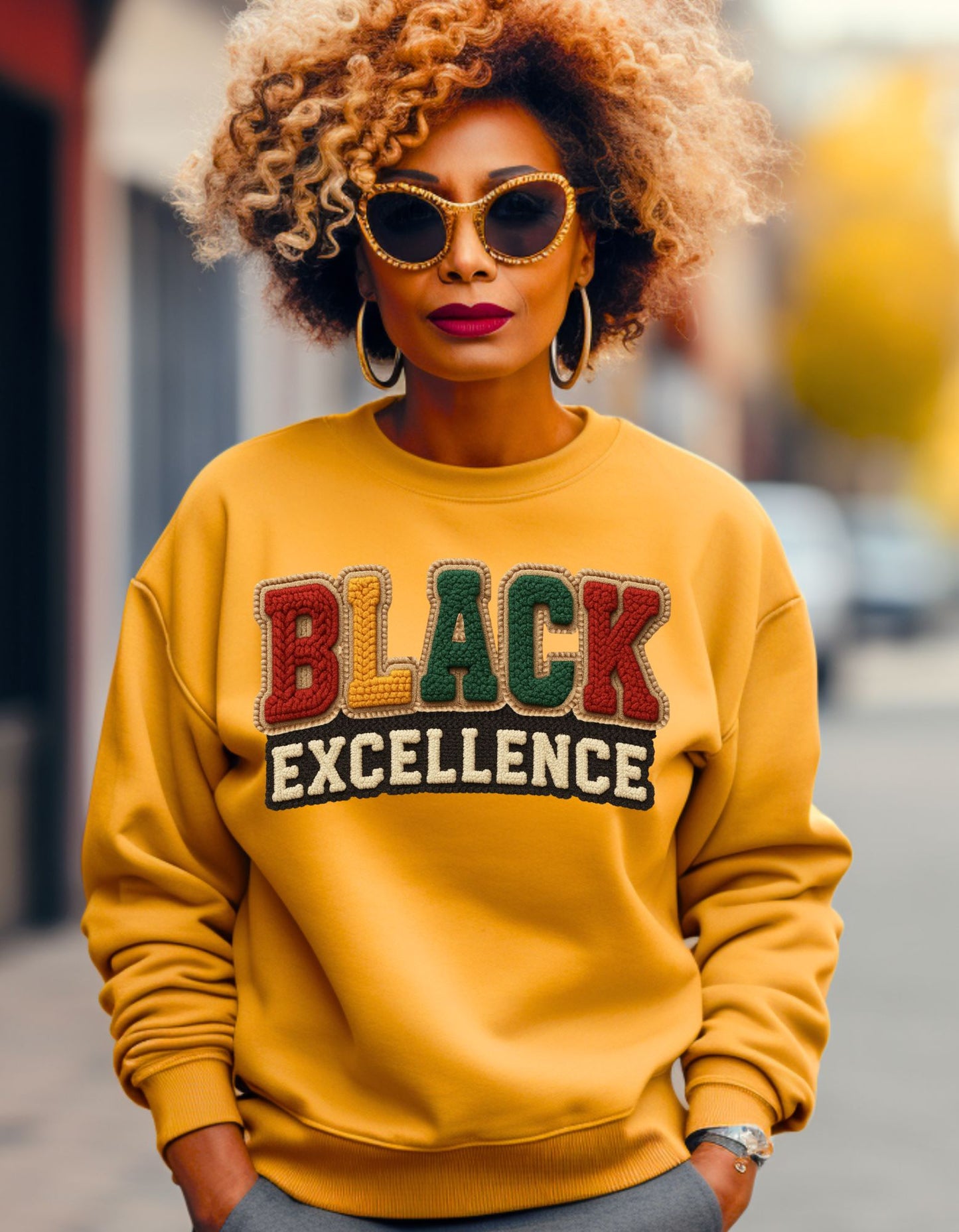 Crochet Embroidery Black History Sweater, Faux Print Crochet Style Black Excellence Crewneck