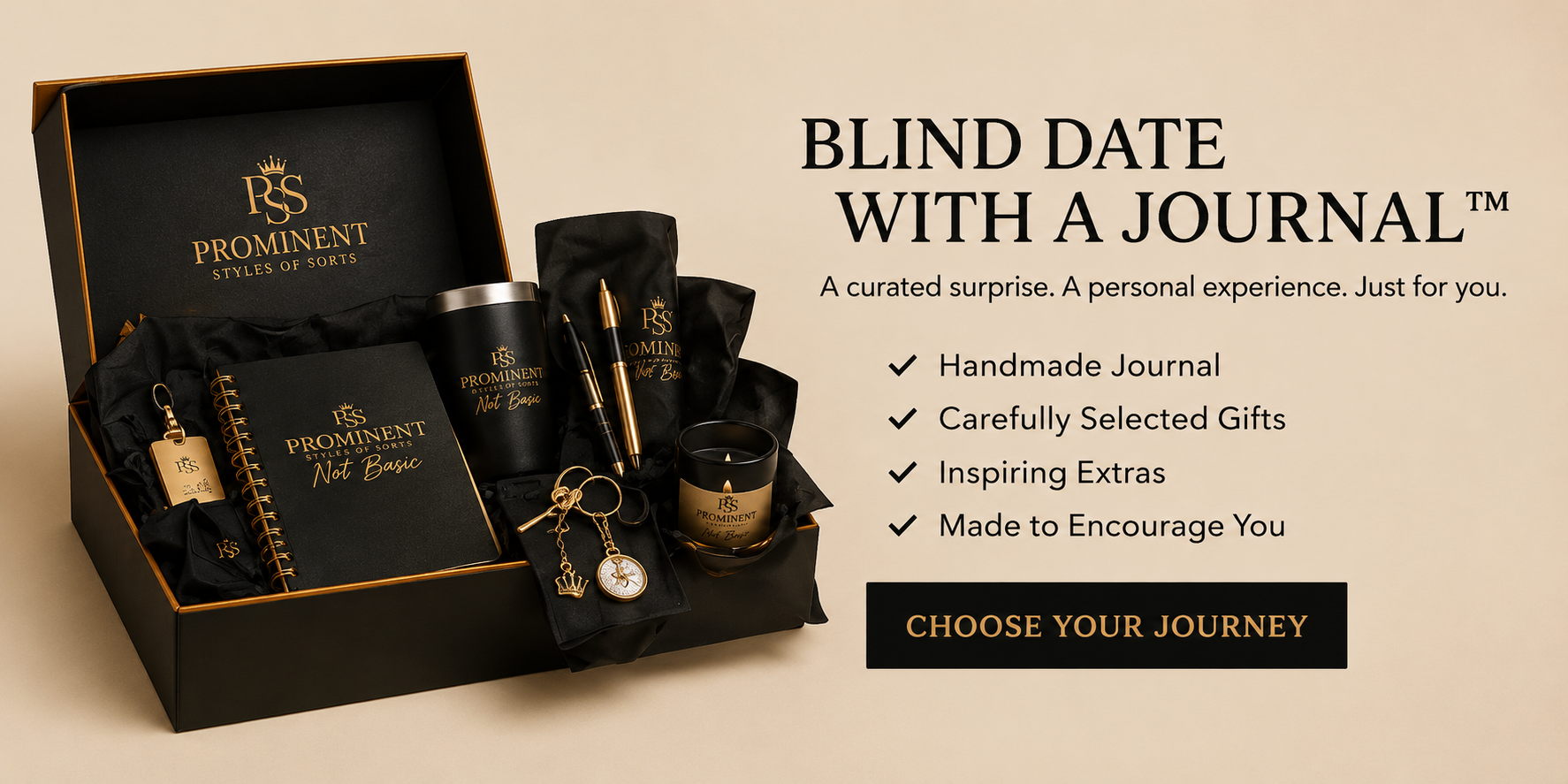Prominent Gifts 'Blind Date with a Journal' gift set displayed in an open black presentation box on a beige background, alongside marketing text describing curated surprises including a handwritten journal, metal tin, pen, candle, and keychain.