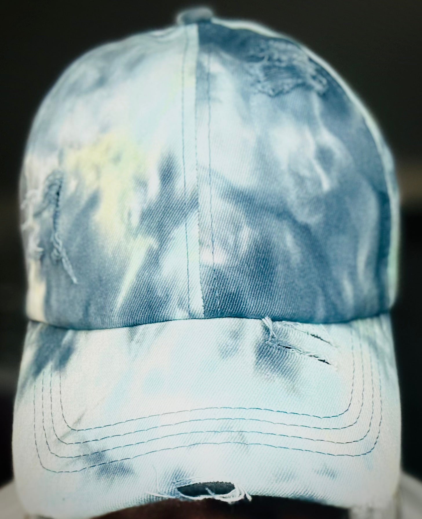 Blue distress tyedye strapback baseball style cap
