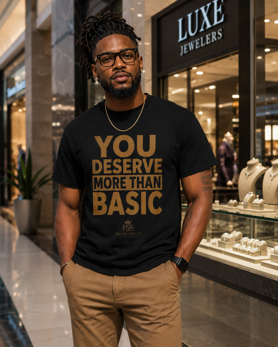 Man wearing black You Deserve More Than Basic graphic T-shirt with khaki pants