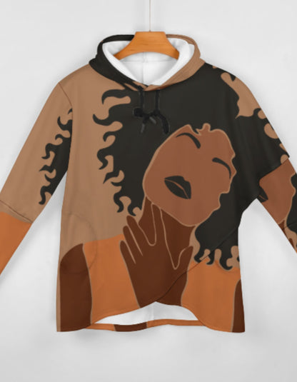 slim fit mid-length hoodie for women. featuring a faceless African American woman