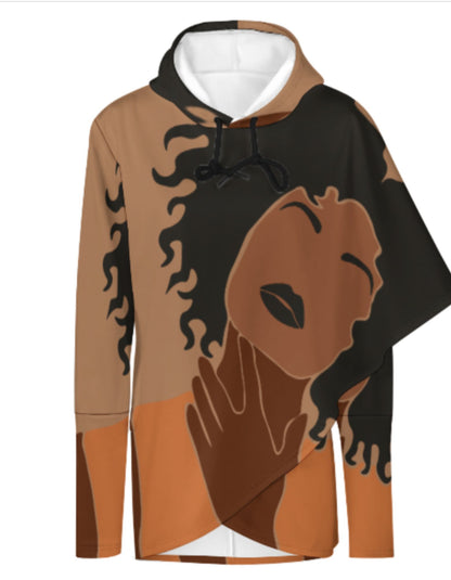 slim fit mid-length hoodie for women. featuring a faceless African American woman