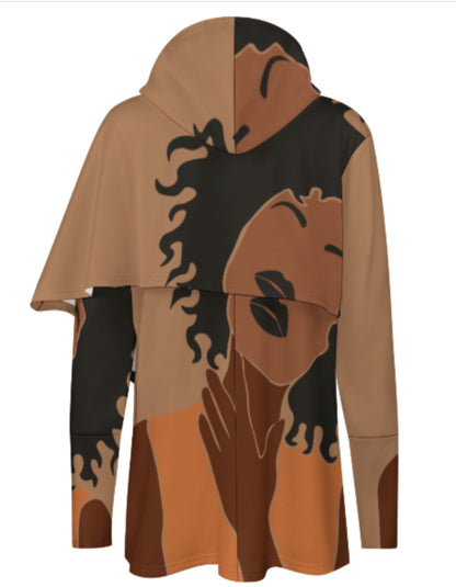 slim fit mid-length hoodie for women. featuring a faceless African American woman on the back, 2 layer hoodie feature