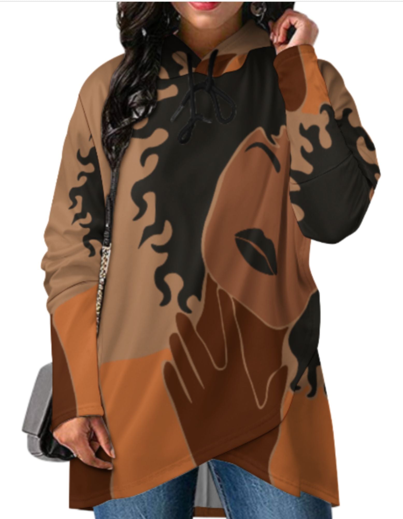 slim fit mid-length hoodie for women. featuring a faceless African American woman