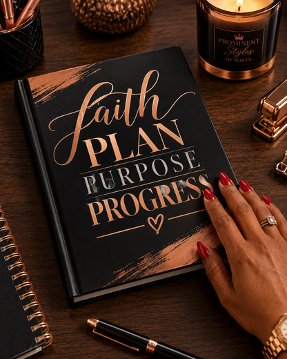 A black journal with rose gold and white text reading 'Faith PLAN PURPOSE PROGRESS' is displayed on a dark wooden desk, with a hand resting on the cover. A candle, pen, and other desk accessories are visible around it.