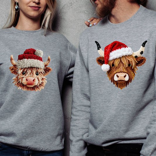 Christmas Crochet Highland Cow Sweater, Santas Cows Sweatshirt