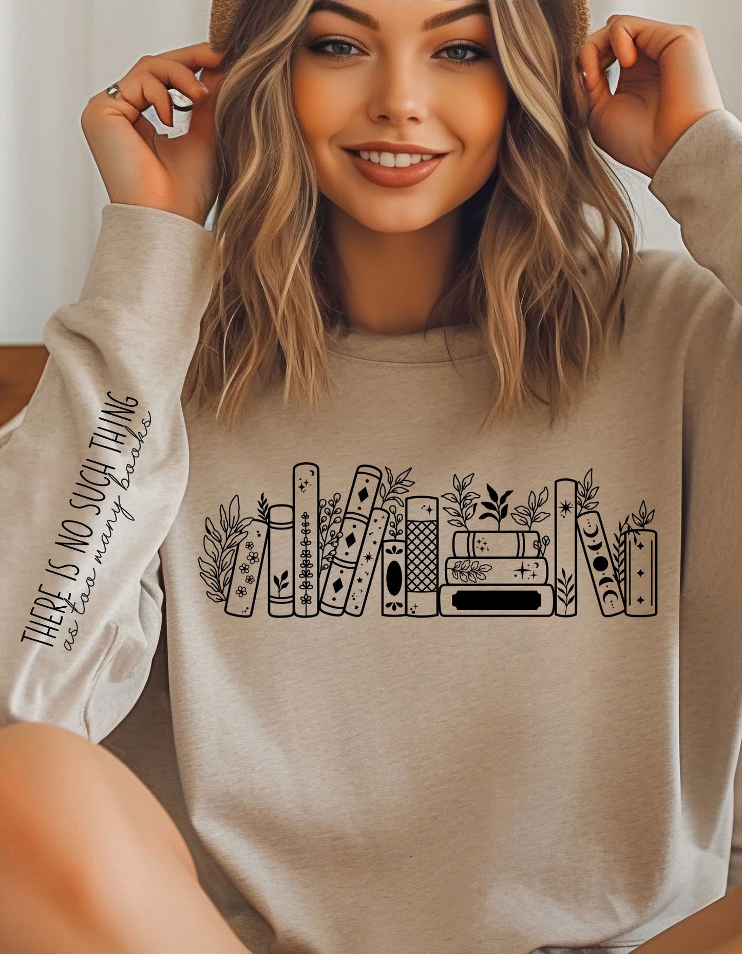 Celestial Floral Books Sweatshirt, Crewneck Sweater Book Shelve, There Is No Such Thing As Too Many Books Long-sleeve shirt