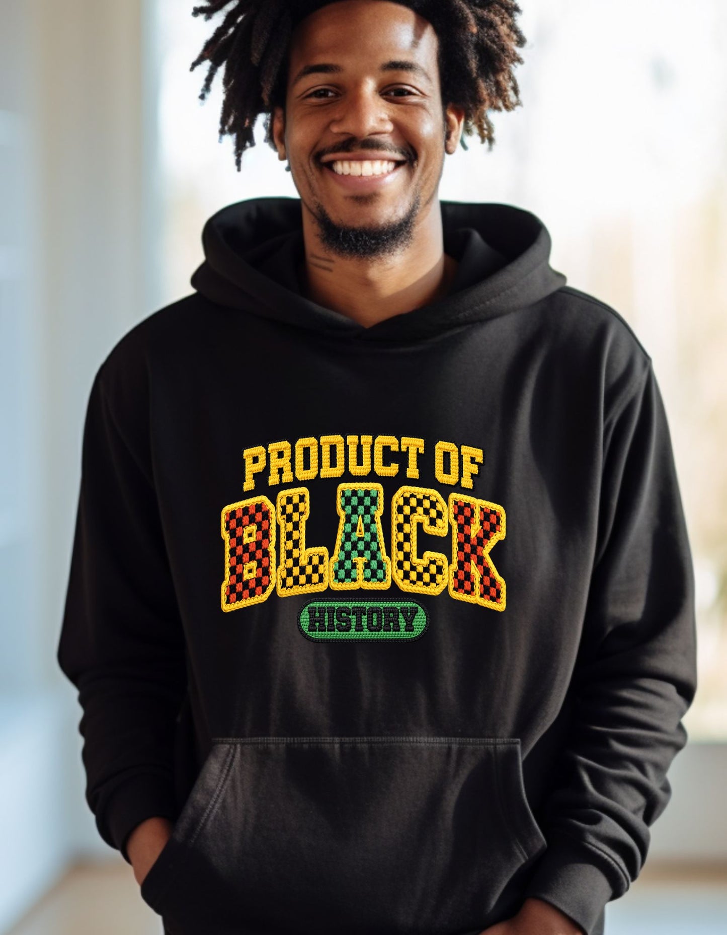 Crochet Embroidery Black History Sweater, Faux Print Crochet Style Black Excellence Crewneck