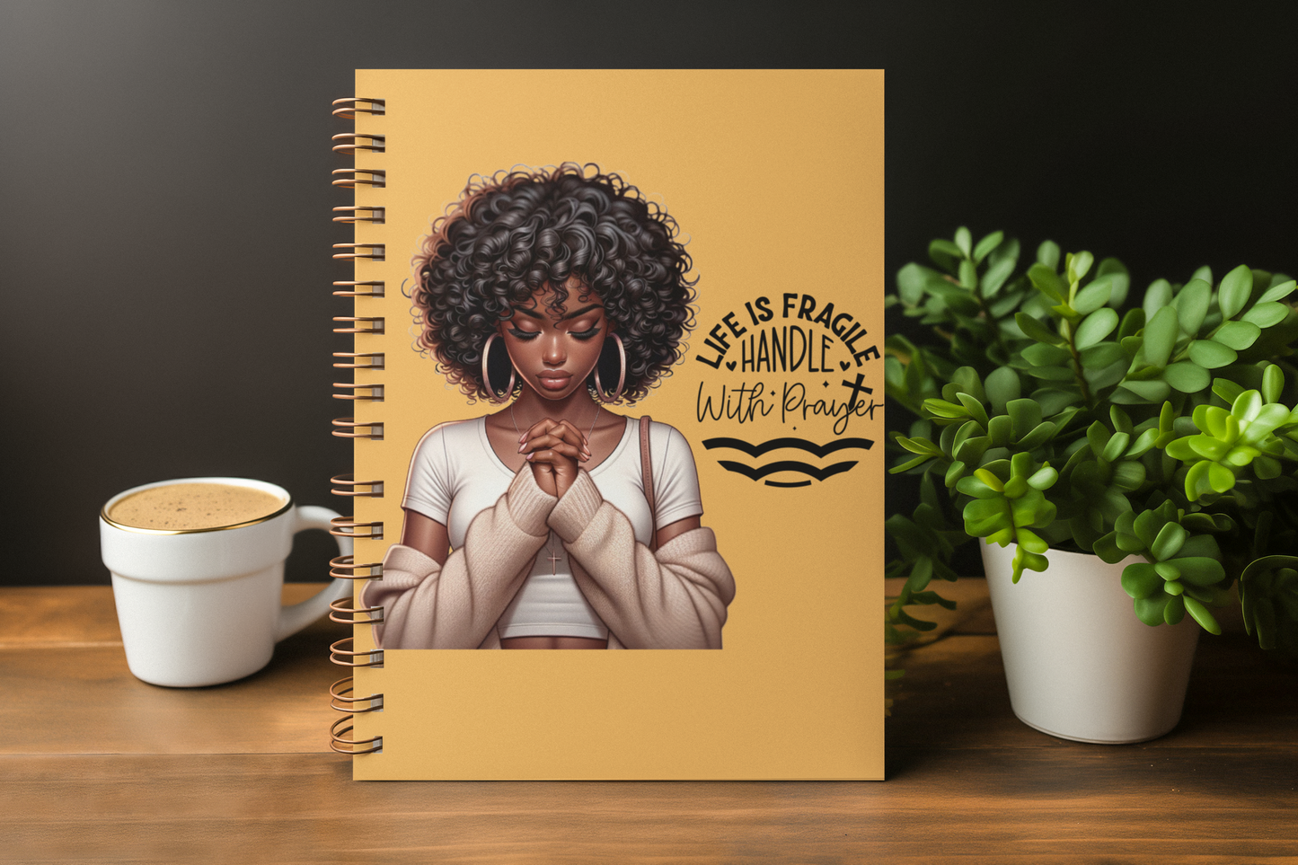 Featuring African American woman in prayer position. Life is fragile handle with prayer written on cover