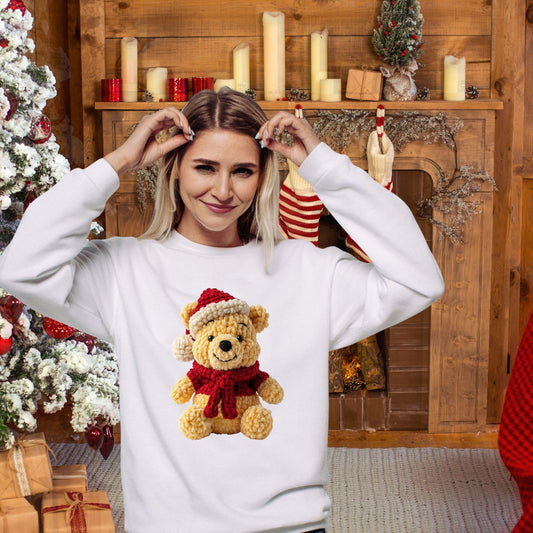 Christmas Sweater, Faux Crochet Rudolph Red Nose Reindeer Christmas Sweatershirt, Teddy Bear Faux Sweater Crochet