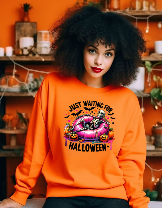 Waiting For Halloween Crewneck, Unisex Just Waiting On Halloween Sweatershirt, Halloween Season Shirt