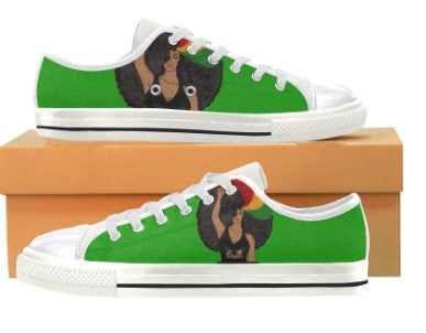 Low top canvas sneakers in green with afro-american woman featured on the side. White shoelaces and bottom sole, with a black lining on the sides. 