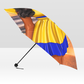Beautiful Large Sunset Beach Umbrella. Vector image of a Black woman walking the beach at sunset. She is wearing a yellow and blue 1920's style swimsuit with a large blue fan beach hat.
