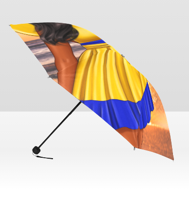 Beautiful Large Sunset Beach Umbrella. Vector image of a Black woman walking the beach at sunset. She is wearing a yellow and blue 1920's style swimsuit with a large blue fan beach hat.