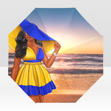 Beautiful Large Sunset Beach Umbrella. Vector image of a Black woman walking the beach at sunset. She is wearing a yellow and blue 1920's style swimsuit with a large blue fan beach hat.